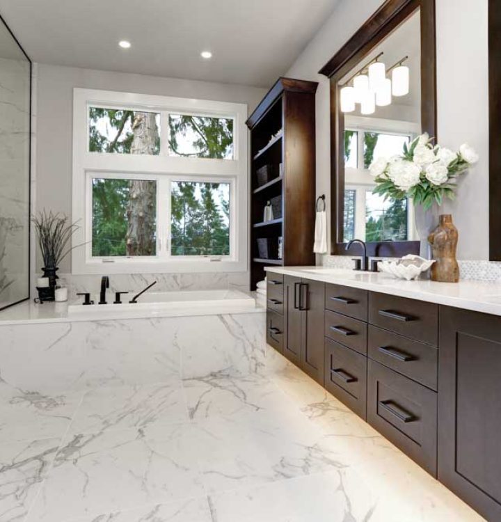 Wide modern bathroom interior in luxury home with dark hardwood cabinets